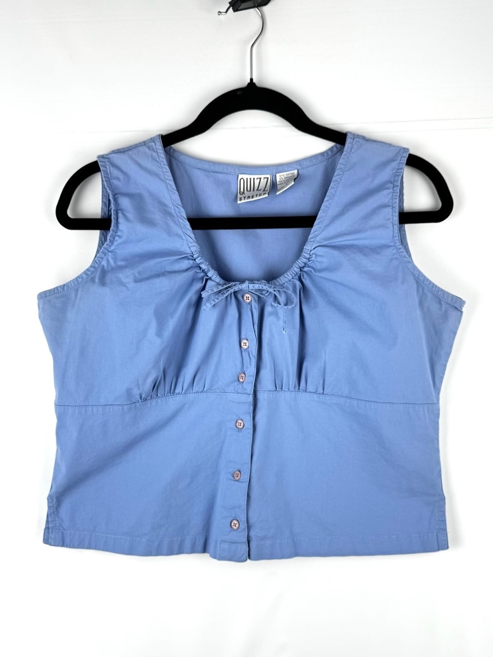 Light Blue Sleeveless Button Front Top - Ruched Tie Neckline